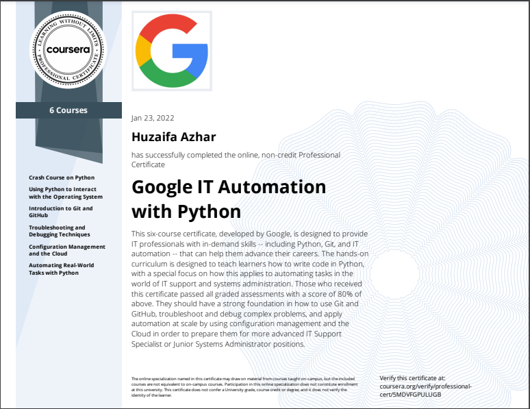 HzToasts's tweet photo. Wooh!
Just passed the final assignment of the final course of 
@google
 "IT automation with python" Career Certificate!
Ran out of time in the final assessment 😅(It was really long!!) but managed to get 80% (20/25)!!
@googlestudents
  
#python #100DaysOfCode  #programming https://t.co/7Ve9cUzUND