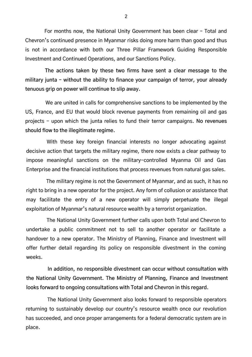 NUGMyanmar's tweet photo. Statement of #MoPFI, #NUGMyanmar in support of Total Energy and Chevron Corp divestment from Myanmar 
#WhatsHappeningInMyanmar https://t.co/mRutYpFJoQ