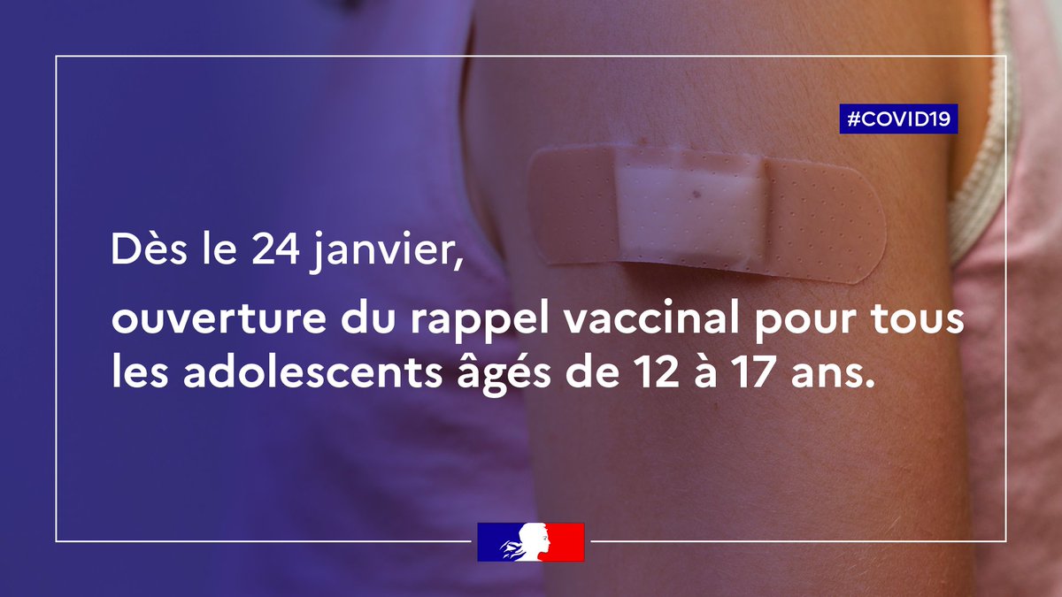 #COVID19 | Dès demain, le rappel vaccinal sera ouvert pour tous les adolescents âgés de 12 à 17 ans.

Pour en savoir plus : gouvernement.fr/info-coronavir…