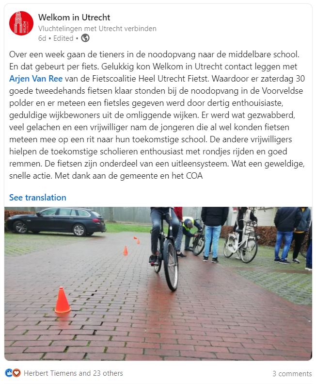 Wat een toffe actie: fietscoalitie #HeelUtrechtFietst heeft 30 kinderen van vluchtelingen in de noodopvang een passende fiets gegeven, die we eerder samen hebben ingezameld en opgeknapt. Met <a href="/arjenvanree/">Arjen van Ree</a>, <a href="/henrivandervegt/">Henri van der Vegt</a>, <a href="/niekverlaan/">Niek Verlaan</a>, <a href="/SU_Nander/">Nander Zuidema</a>, #BikeFlip en vele anderen!