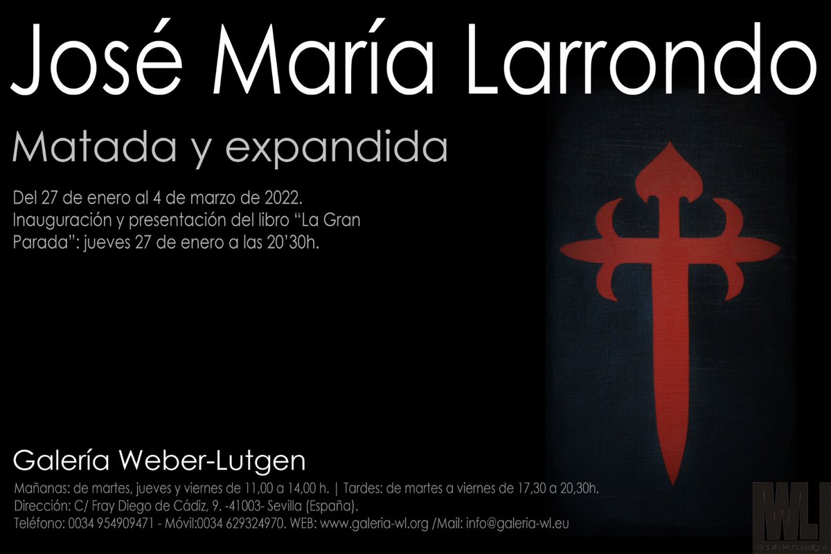 Estimadas amigas y estimados amigos,

El jueves 27 de enero a las 20:30 h. inauguramos MATADA Y EXPANDIDA, exposición inédita de nuestro querido José María Larrondo; y aprovechamos tan especial ocasión para que el propio Larrondo presente su último libro “La gran parada”.