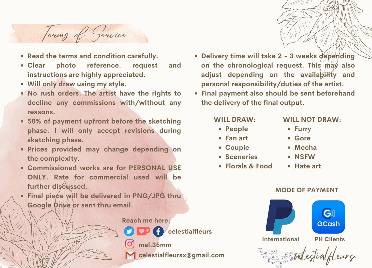 celestialfleurs's tweet photo. Hello!!🌸 I'll be opening my commissions once again for my upcoming review this May📚and also, additional funds for my savings 🌻

If you ever like my style, feel free to slide into my DM's or email me ✨🌸🌻 

Retweets are highly appreciated ✨🌻🥰
#commissionsopen #artph https://t.co/SmMhB6Ml12
