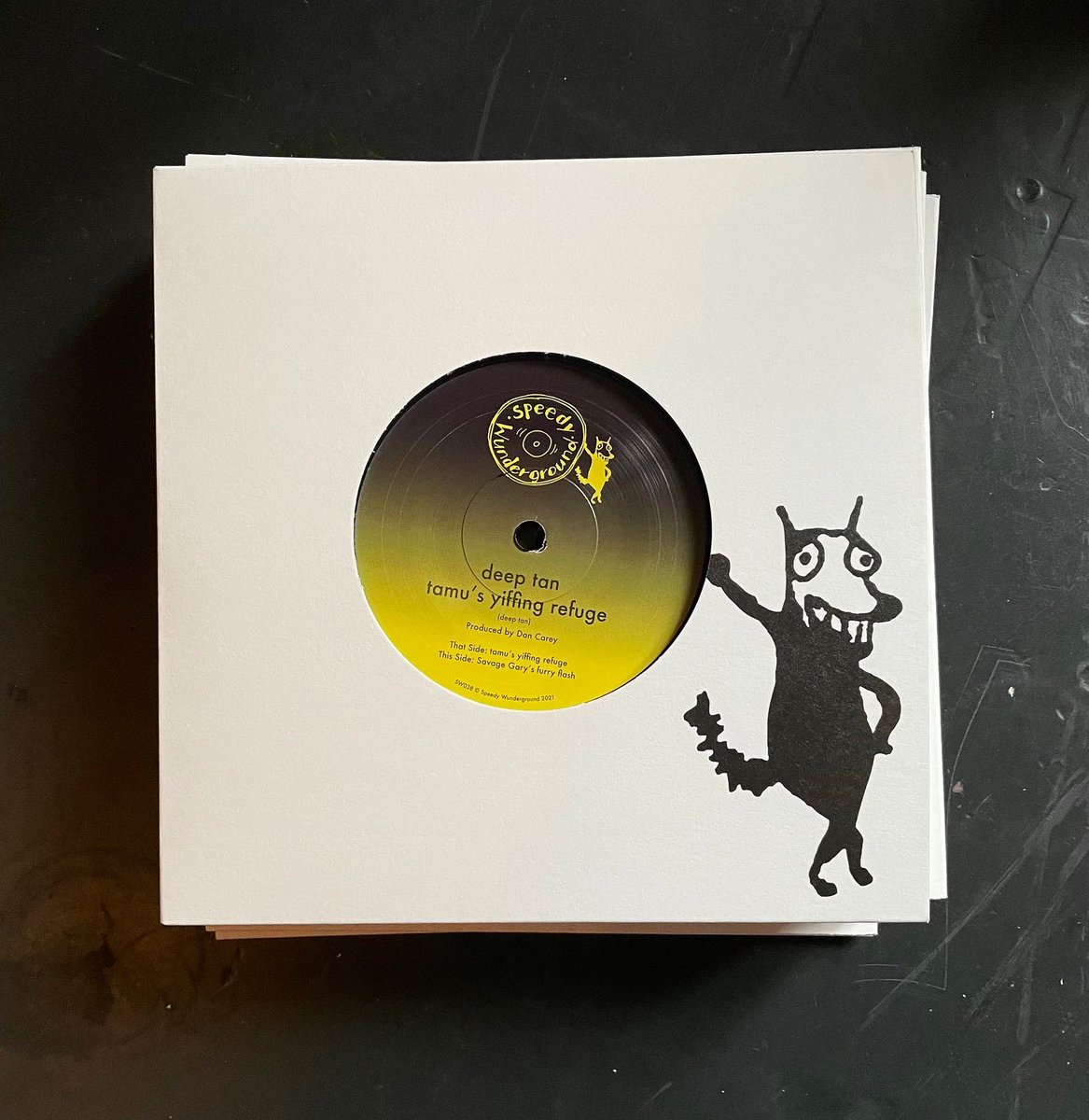 deeptanyeah's tweet photo. the speedy wunderground 7”s of tamu’s yiffing refuge are now in!

the vinyl includes an as-yet unreleased track: dan carey’s warped reimagining of the song: ‘savage gary’s furry flash’ on the b-side. it is immense! hear it now, only on vinyl

shop here: https://t.co/Jq6hiG4WAE https://t.co/LYguhpr3tc