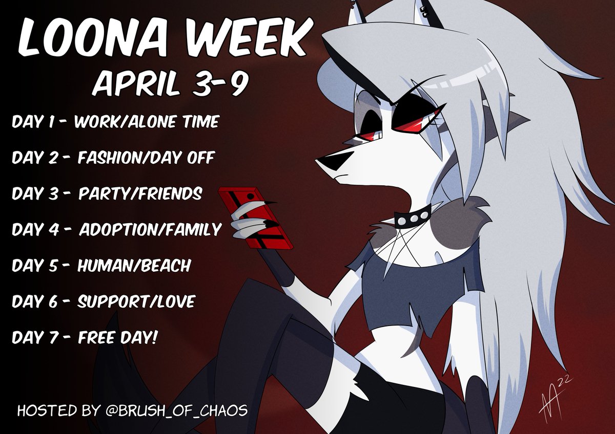 LoonaWeek's tweet image. It's time to devote a week to our favorite Hellhound Loona! All artists and writers of all skill levels are encouraged to participate! Let's have some fun April 3-9! #HelluvaBoss #Loona #HelluvaLoonaWeek