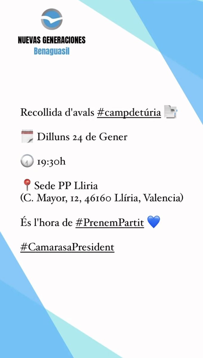 FranDomench27's tweet photo. 🗣 Como dice @camarasajavier “És l'hora de #PrenemPartit”
🗓 Mañana a las 19:30 recogida de avales en la Sede del PP de #Lliria
#CamarasaPresident https://t.co/WM0AGa2Ac2