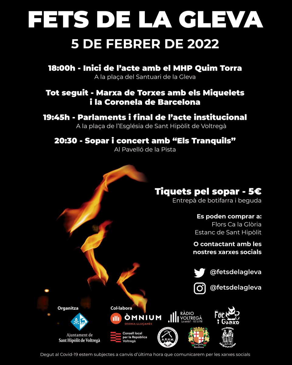 fetsdelagleva's tweet photo. FETS DE LA GLEVA - 5 de febrer de 2022

🔴 18:00h - Inici de l'acte amb la presència del MHP Quim Torra a la plaça del Santuari de la Gleva.

🔴 Tot seguit - Marxa de torxes amb els Miquelets del Montserratí i la Coronela de Barcelona https://t.co/60gjU9bhHp