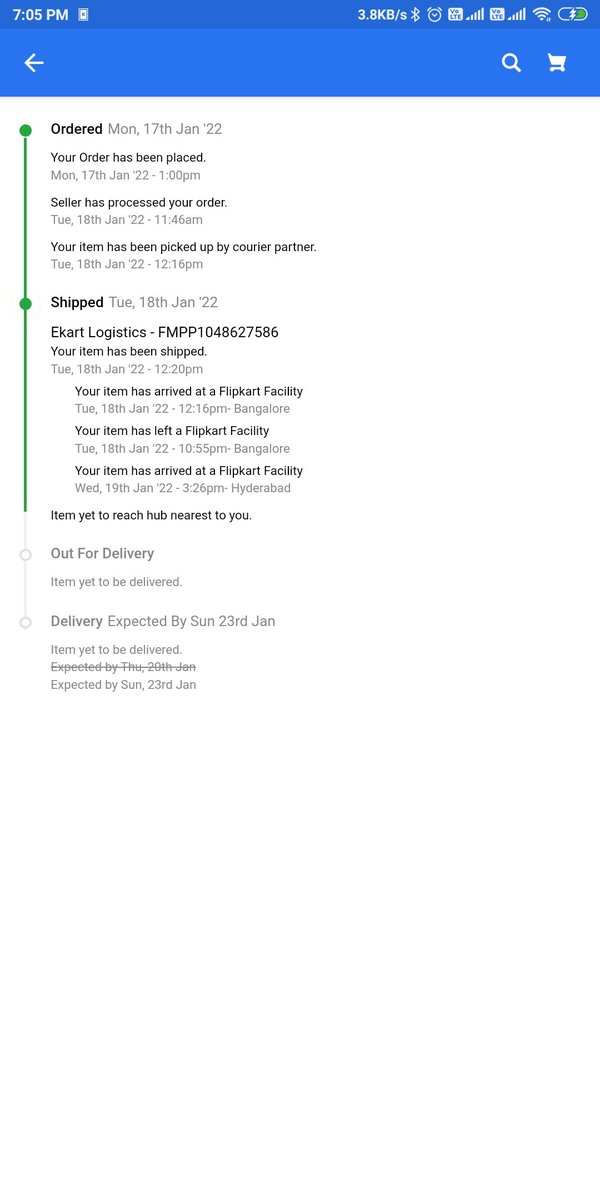 RishitoshS's tweet photo. @flipkartsupport 
I placed order on 17th January and it was supposed to be delivered by 20th January. The package reached Hyderabad on 19th. Today is 23rd January and I still haven't received it. https://t.co/53ZCdxDdbi