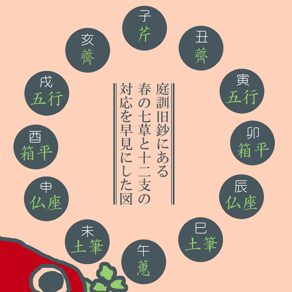 庭訓旧鈔にある春の七草と十二支の対応を、早見にした図 