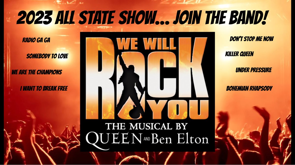 Don’t stop us now but join us tomorrow at ThesFest 10am or 1pm to learn about the 2023 NJ Thespian All State Show, We Will Rock You! Meet the production staff and learn all about this production. Who knows, we may even sing a little Bohemian Rhapsody by the end!!