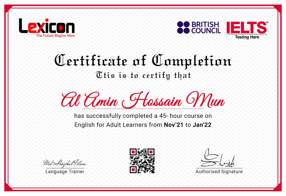 #Lexicon🙂Finally, I got This Certificate! 
It was an amazing experience with #Lexicon. Now I'm available to speak with you in English. <a href="/LisaOhida/">Ohida Lisa</a> helps me a lot on this course! Especially I learned here "Don't Make Noise" when you walk.😀#Sojibul_Islam is a wonderful teacher.
