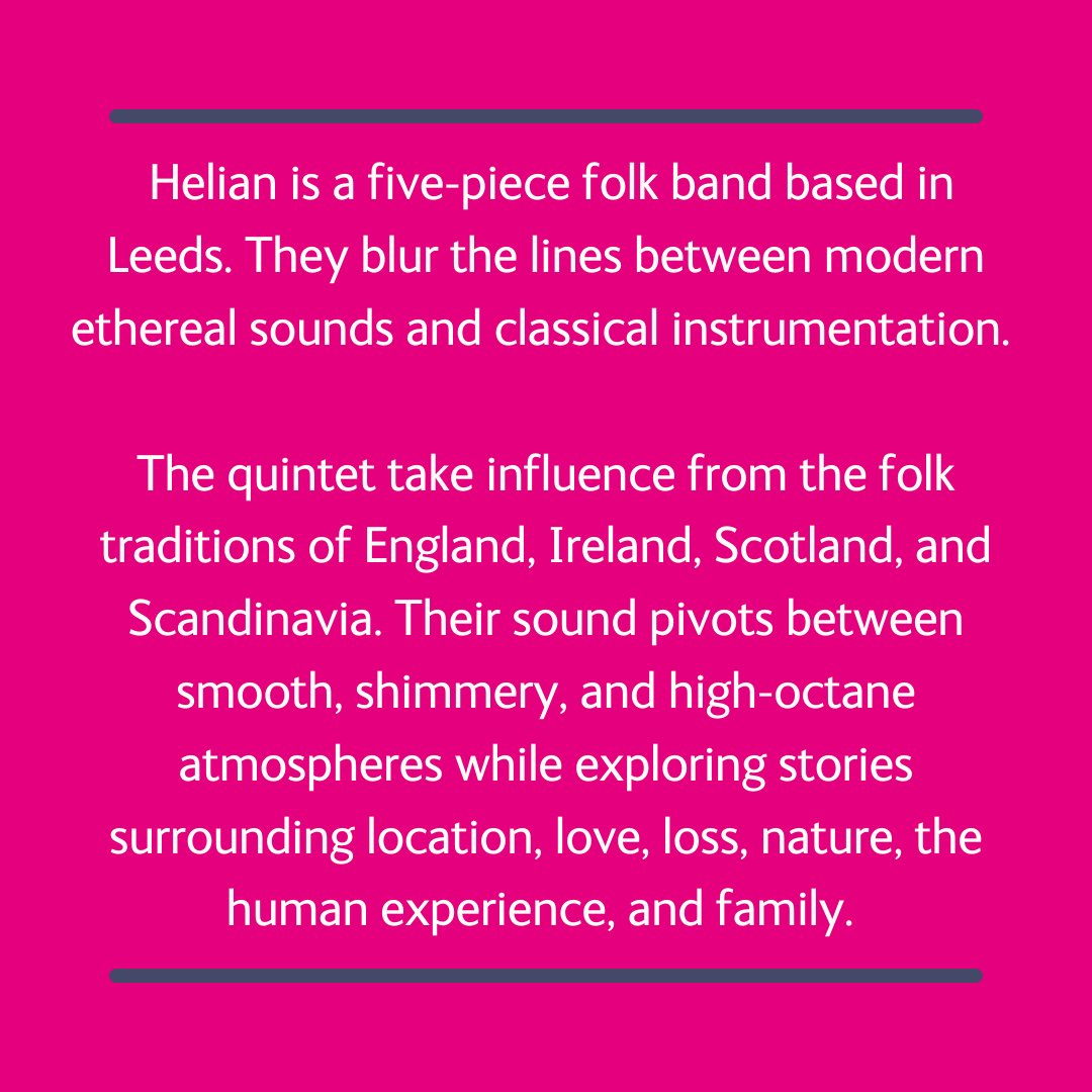 LeedsMusicDrama's tweet photo. Our #FeaturedBand this week is 'Helian', a Five-piece Folk band based in Leeds!
You can catch Helian playing at Hyde Park Folk Club on 30 Jan! Later this year, they will also be playing Sidmouth International Folk Festival and Southwell folk festival. https://t.co/USFDJqjtvM https://t.co/TyzseePswz