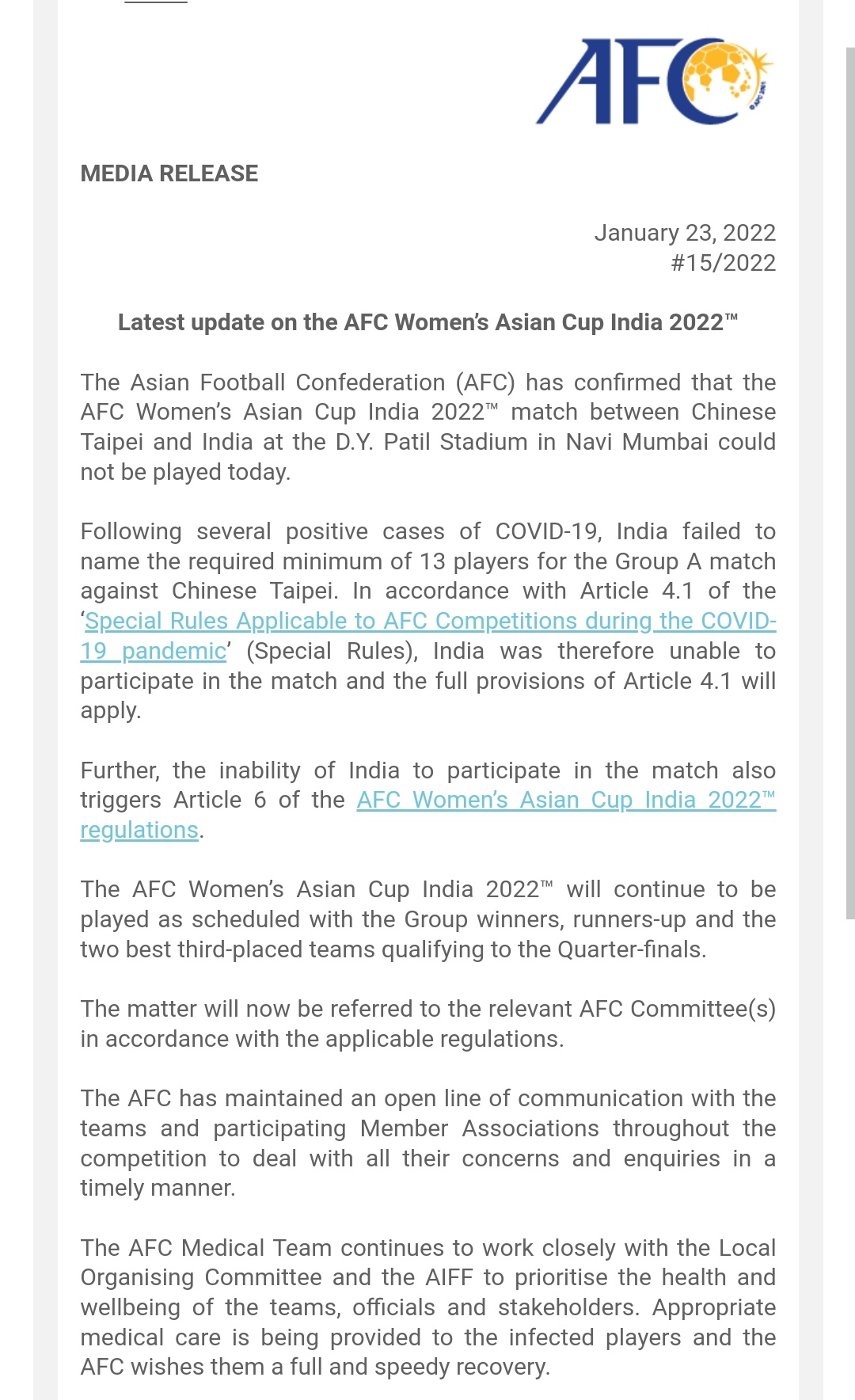 AFC Women's Asia Cup: India forfeits fixture against Chinese Taipei due to COVID-19 outbreak - Follow Live Updates