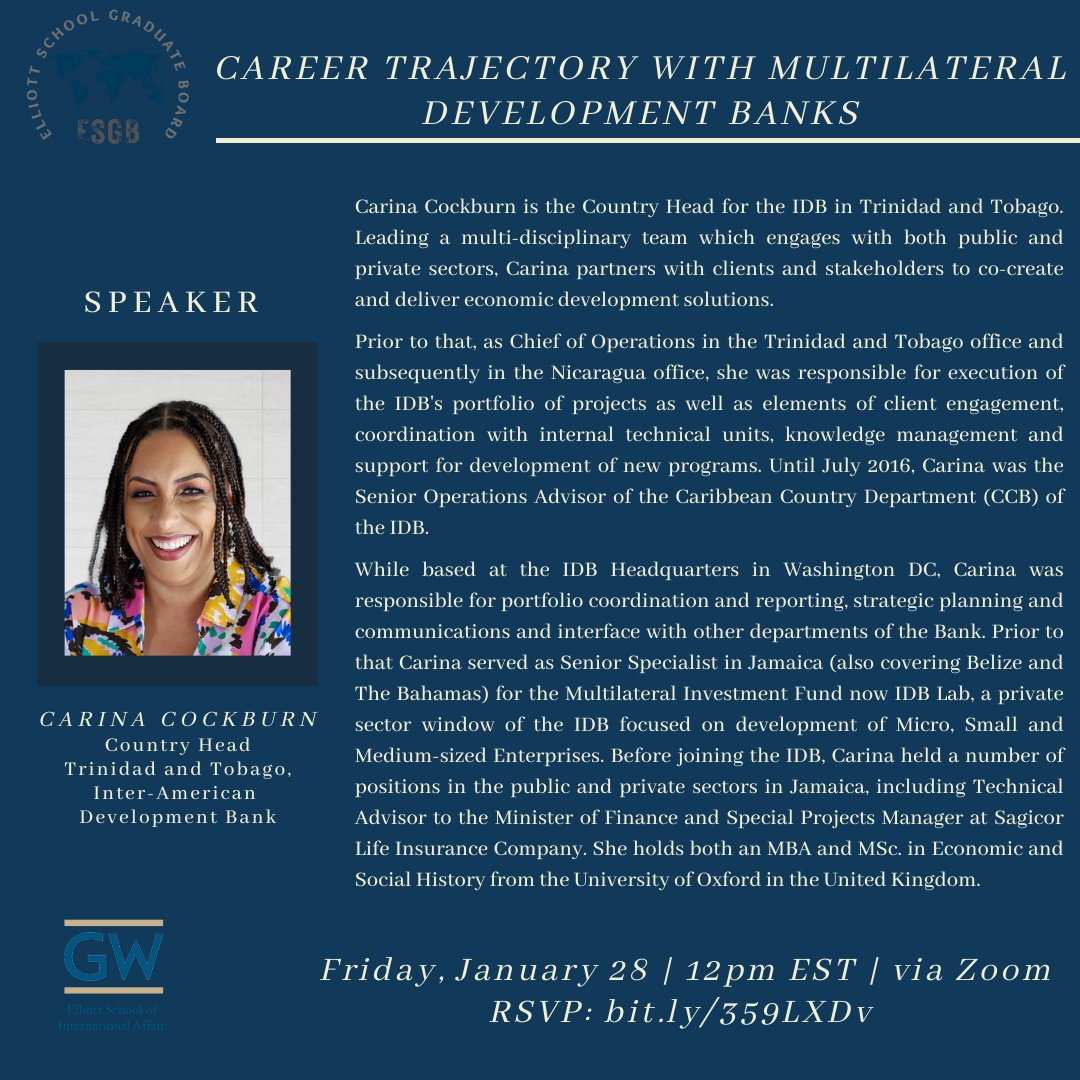 We are excited to introduce our first speaker, Carina Cockburn. Carina is the Country Head for the IADB in Trinidad and Tobago. 

Don't forget to register!! You can RSVP with this link: bit.ly/359LXDv