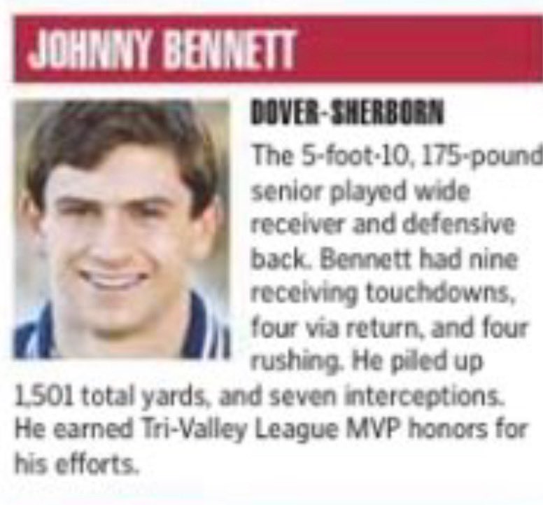 Congratulations to Johnny Bennett on being named a <a href="/BostonHeraldHS/">Danny Ventura</a> Eastern Mass All Star in 🏈! <a href="/JohnBennettds/">John Bennett</a>