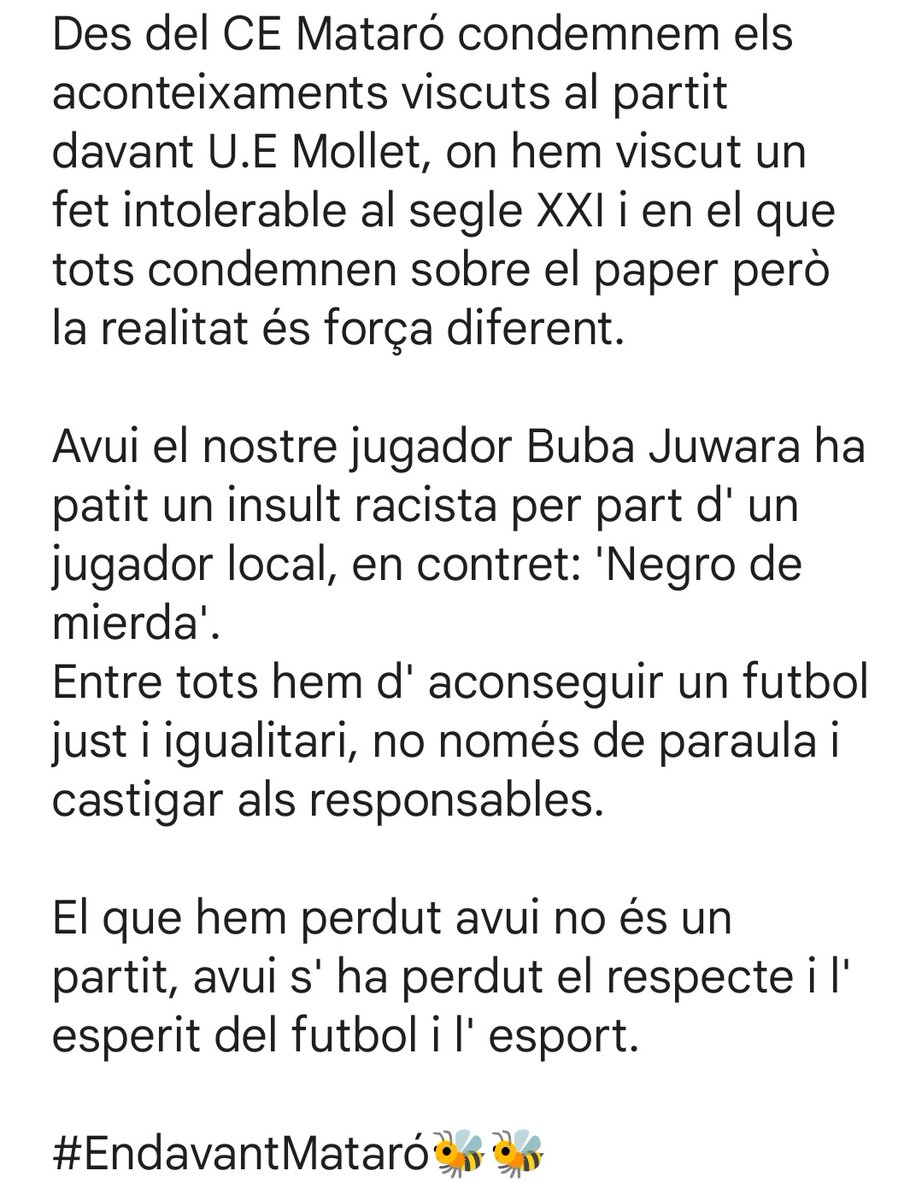 ⚠️ COMUNICAT | Insults racistes a Buba Juwara.