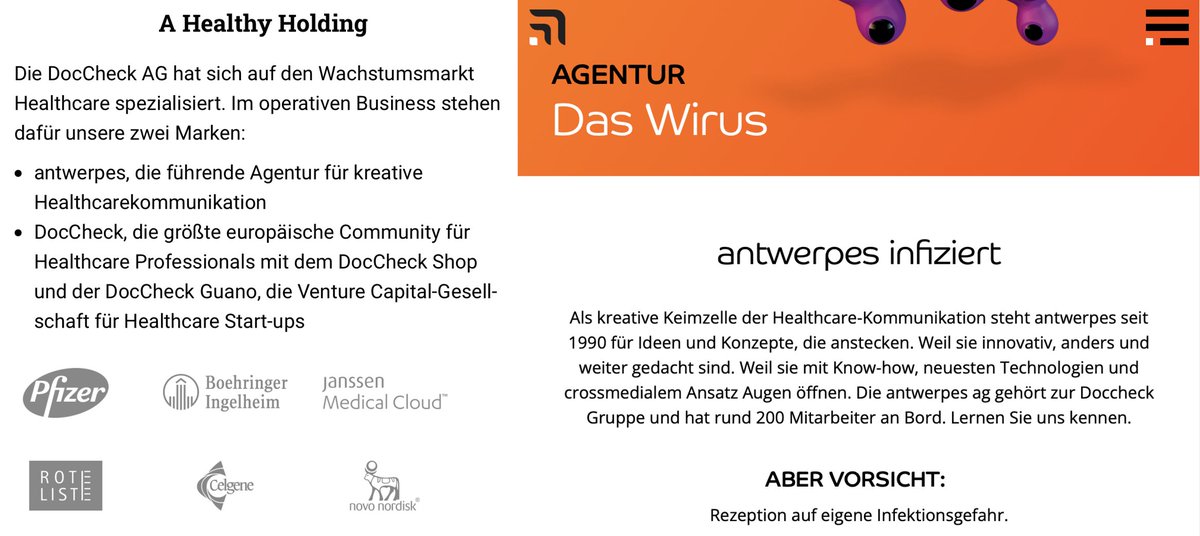 Um eine größere Diskussion abzukürzen:

1. Die von mir enttarnten Pseudo-Docs sind wie beim Synchronschwimmen in Deckung gegangen (Bild links)

2. Hinter DocCheck steckt die agentur antwerpes. Ihre Finanzierung ist transparent (Bild rechts).