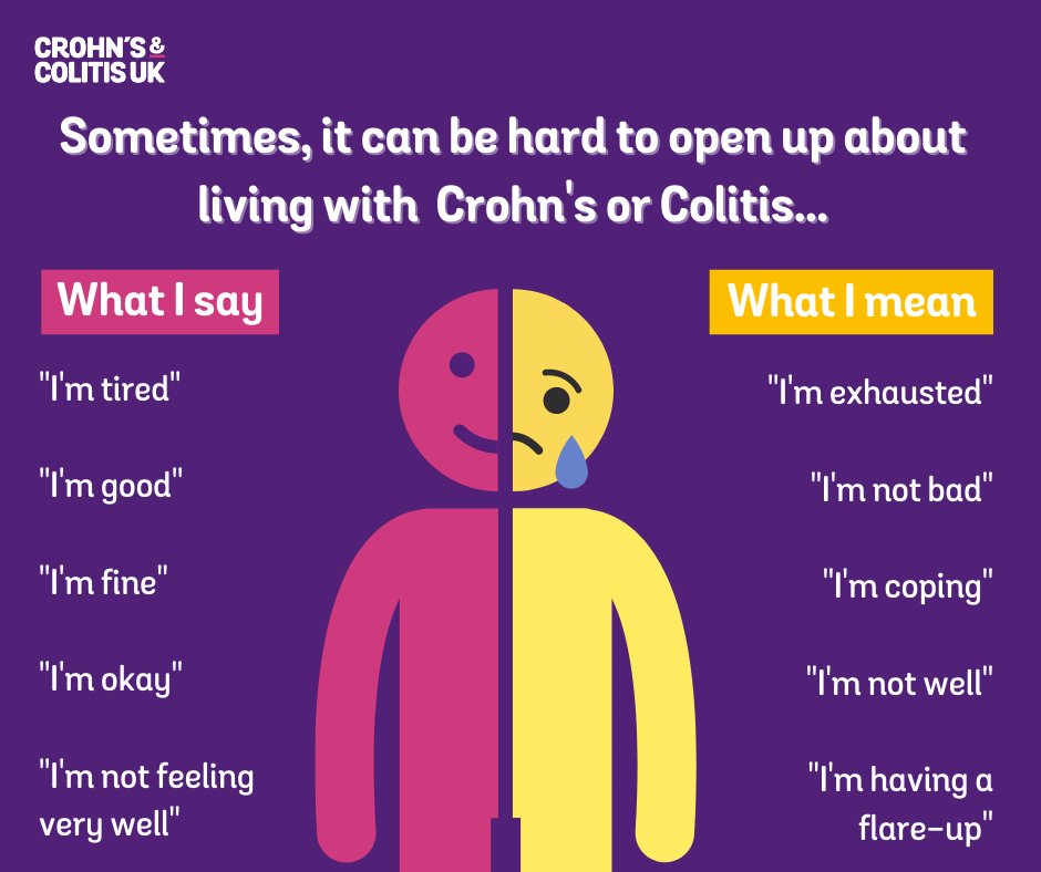 CrohnsColitisUK's tweet image. It can be hard to talk about Crohn’s or Colitis. Sometimes, what we say isn’t exactly what we mean. Remember, not every disability is visible, and it can be hard to open up about their effects, even to loved ones 💜
#crohns #colitis #ibdcommunity #ibd #spoonies  #invisibleillness