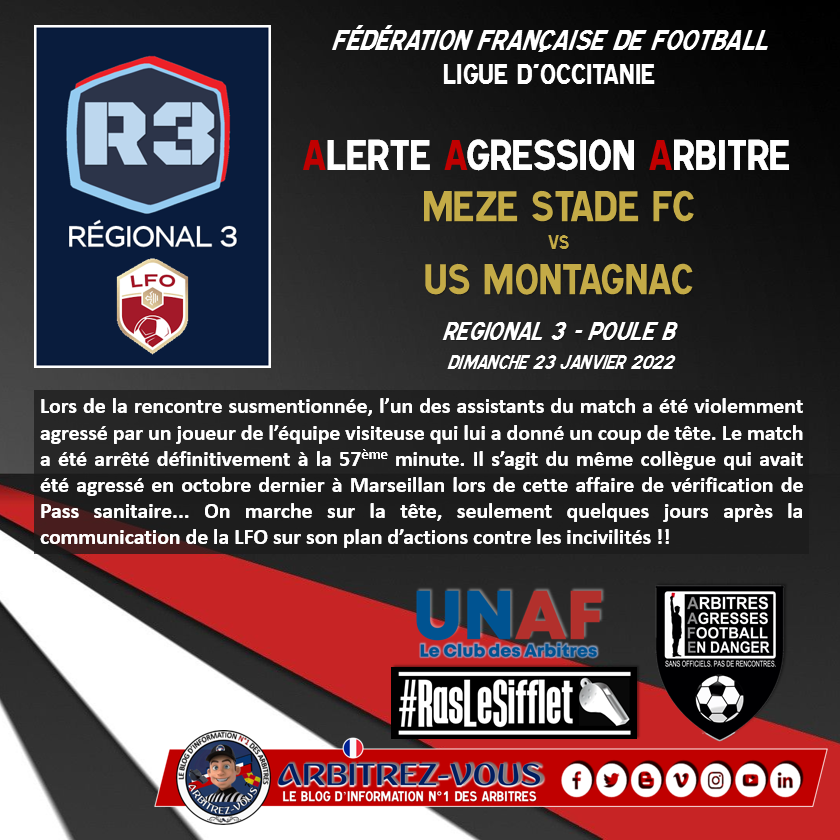 ArbitrezVous's tweet photo. #AlerteAgressionArbitre #RasLeSifflet
Agression d'un Arbitre-Assistant en Ligue d'Occitanie... le même arbitre avait déjà agressé en octobre dernier à Marseillan pour cette histoire de Pass sanitaire !! 😱😡🤮
@ArbitresSAFE @UnafArbitres @FFF @Sports_gouv @Interieur_Gouv https://t.co/vMMmGvJmAI