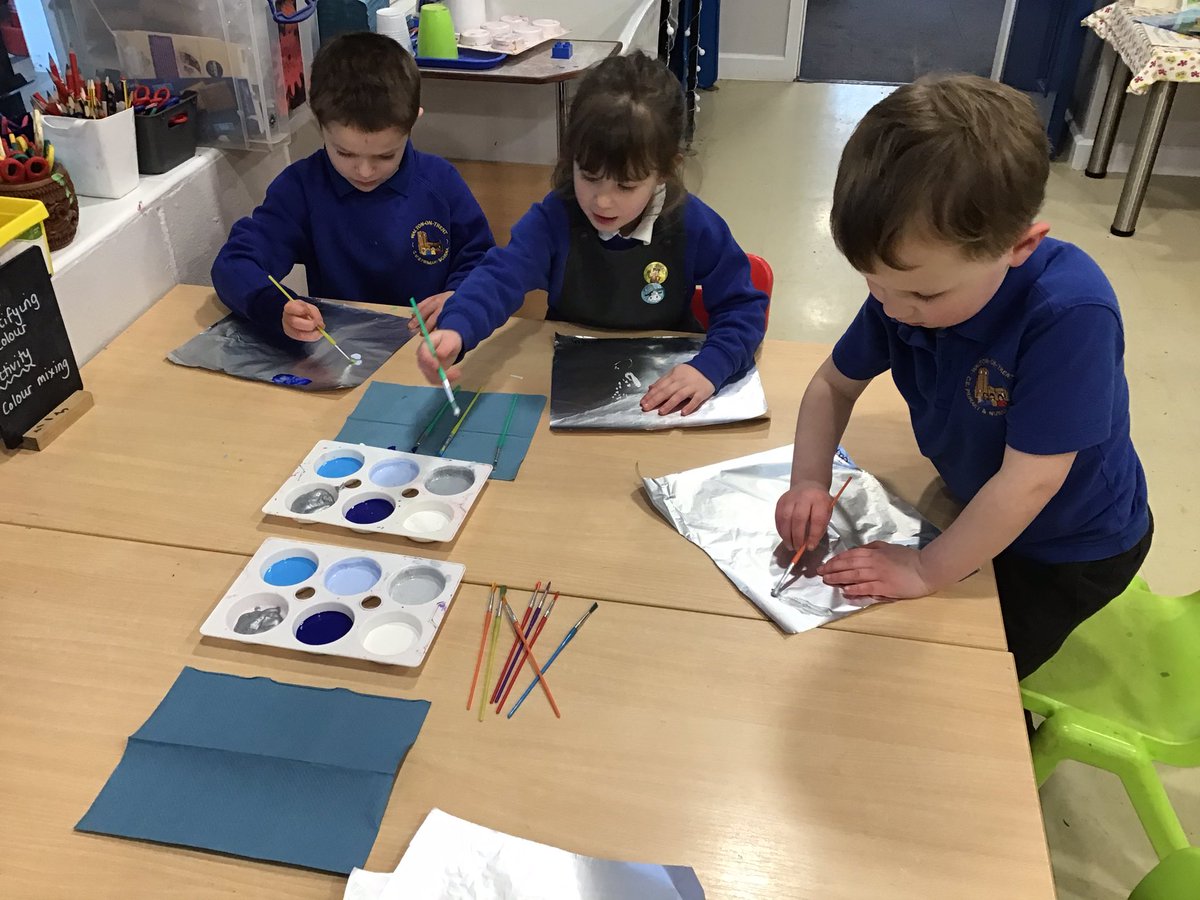 walton_primary's tweet photo. As part of their Winter Wonderland topic, the Hedgehogs created their own chilly artwork. They used colours associated with the cold and painted onto tin foil to make a winter effect  @Cornerstonesedu https://t.co/JTbKXTjMyC