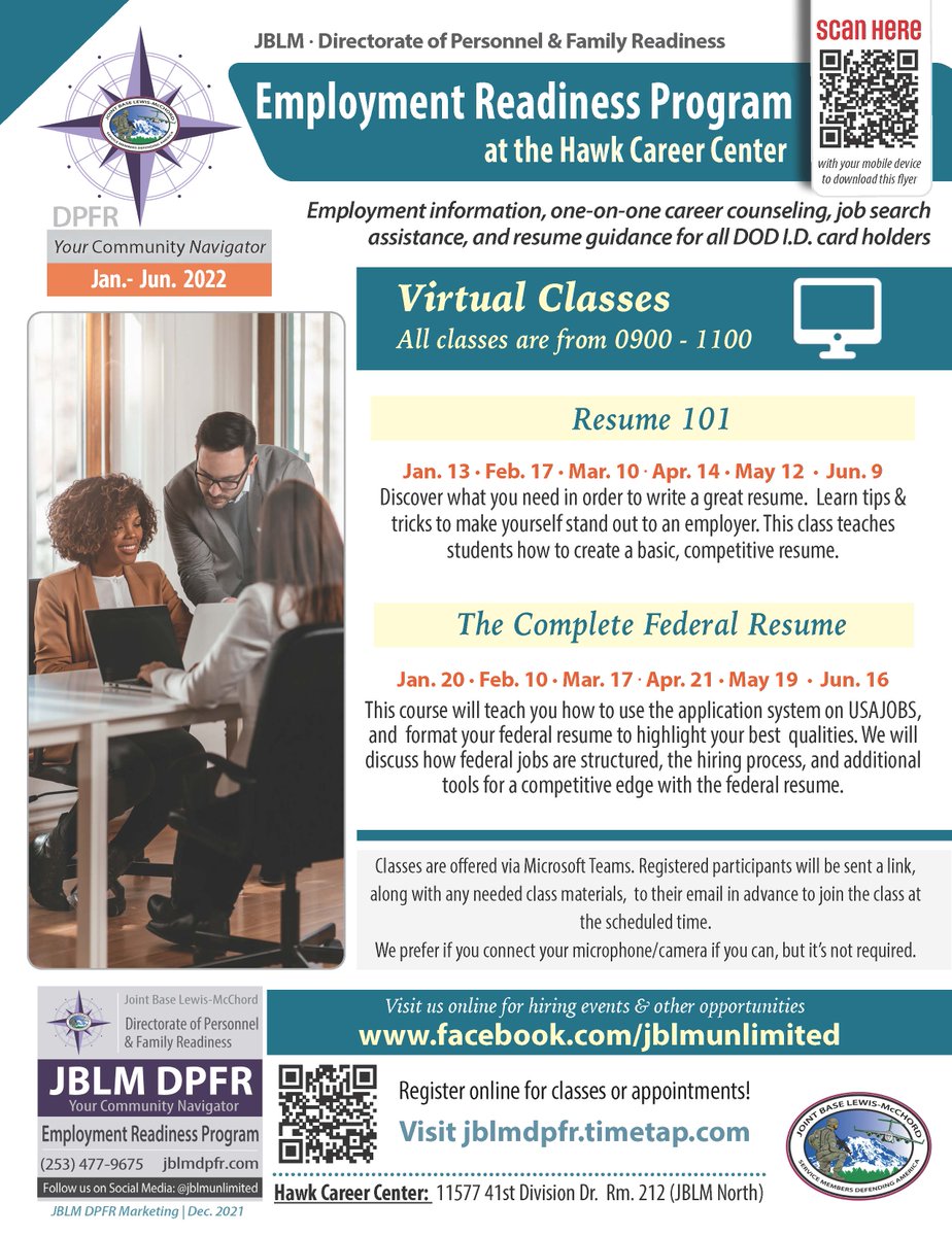 🚨 RESOURCE ALERT!
Get career counseling, job search assistance &amp; resume guidance with the Employment Readiness Program at JBLM's Hawk Career Center. Learn more at facebook.com/jblmunlimited

To register online for classes or appointments, visit jblmdpfr.timetap.com