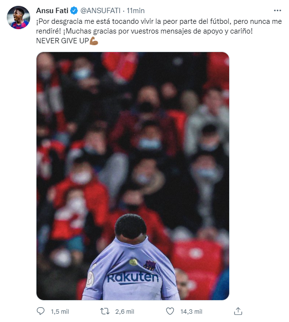 tjcope's tweet photo. 😔@ANSUFATI roto tras una nueva lesión.
🥺Cuenta @HelenaCondis que el jugador lleva dos días destrozado, llorando sin parar.
💪🏽¡Pero volverá! #AnimoAnsu https://t.co/AcwjBBKdBC