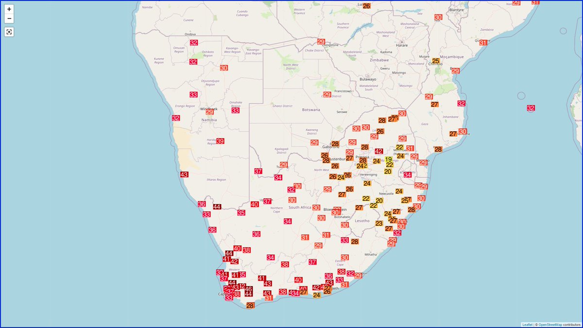 Chaleur record en Afrique-du-Sud, avec 45.9°C à Robertson (record absolu) dans la province du Cap-Ouest.
A noter un remarquable 42.7°C à Luderitz en #Namibie (record absolu à 42.9°C). Carte Ogimet 