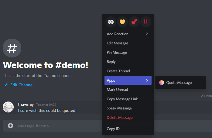 _thawney's tweet image. I present to you QuoteBot a new way to quote people on discord!!! It uses the new #Discord right-click message feature. #discordbot

I made it and I'm v proud of it! feel free to add it to your servers :D

thawney.com/#quotebot