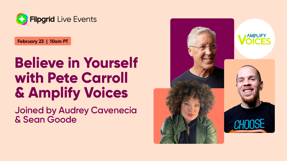 MicrosoftFlip's tweet photo. Join a special Flipgrid Live Event on Feb 23 at 10am PT with legendary NFL coach @PeteCarroll and his @AmplifyVoicesio team @AudreyCavenecia &amp; @GraceNotGuilt to hear how believing in yourself can make you a winner in life.

Sign up for free: https://t.co/fb4q22rSDw https://t.co/Zee9tglc9u