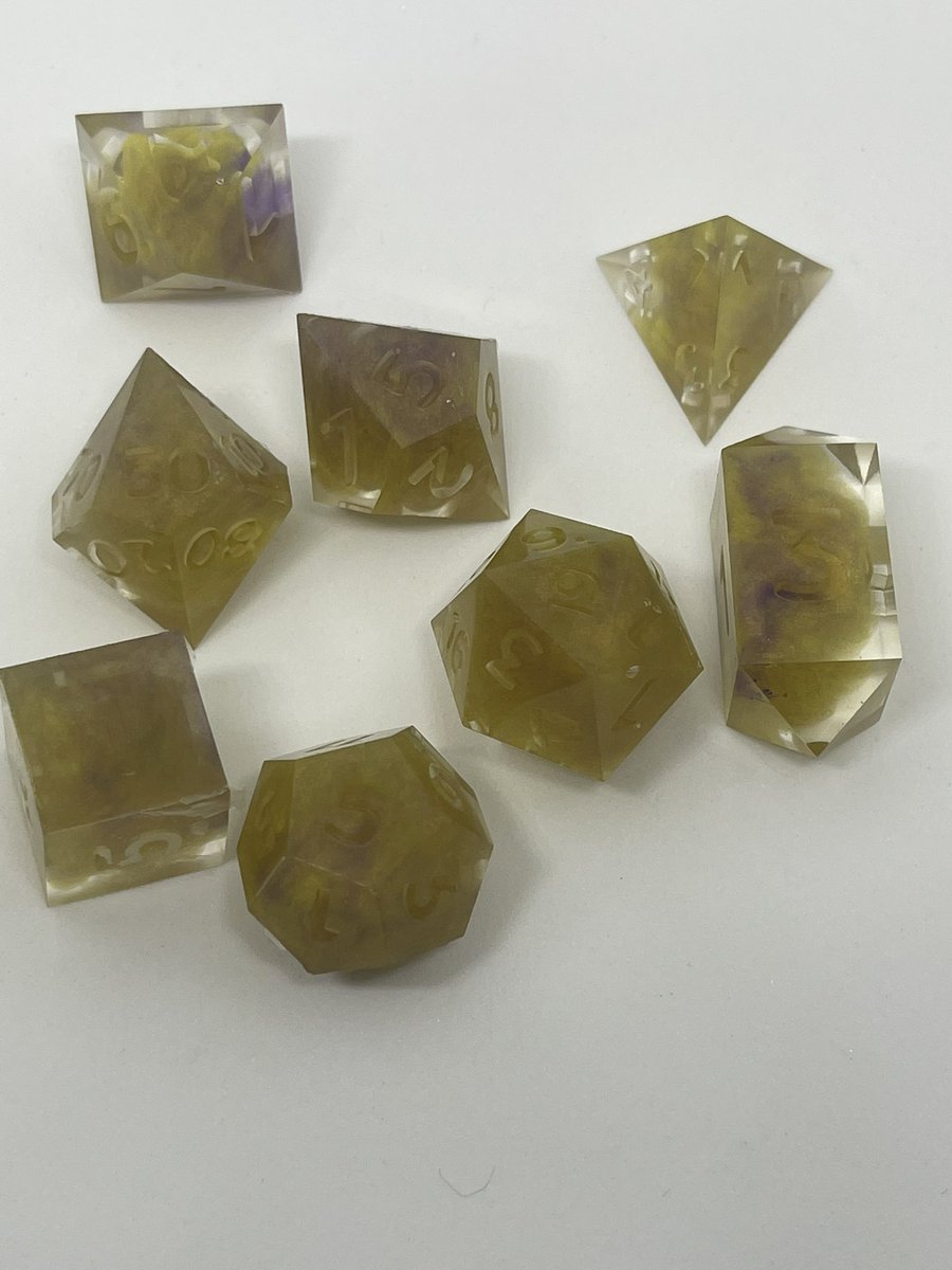 AlkeshOne's tweet photo. Did not put enough purple mica in the resin. It’s an ok set but doubt I’ll finish it. #resindice #handmadedice #resin #dice #dicegoblin #dnd #dnddiceset #dnddice #diceset #polyhedradice #resinart #dicemaking #tabletopdice #dicecollector #dungeonsanddragons https://t.co/vyruw5PXov