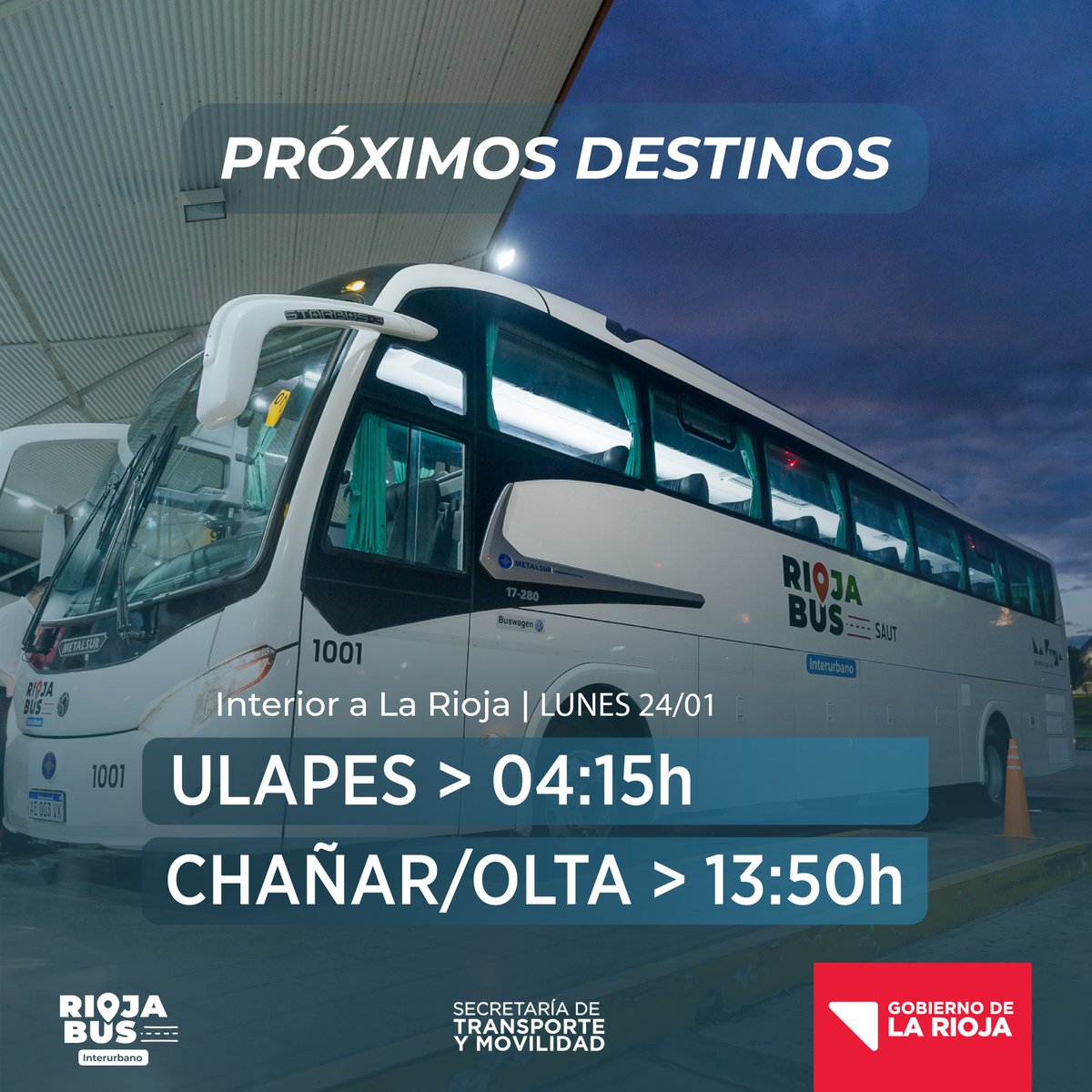rbinterurbano's tweet photo. 📆 LUNES 24 DE ENERO

Te compartimos los destinos y horarios de nuestro servicio para mañana, desde La Rioja al interior.

👉🏻Recordá que por cualquier consulta podés comunicarte al:
📞3804 913285
📞3804 913279
📞0800 444 0353 (opción 4) 

@ALCIRA08 @GustavoTelloRo3 https://t.co/So4diGAn6b