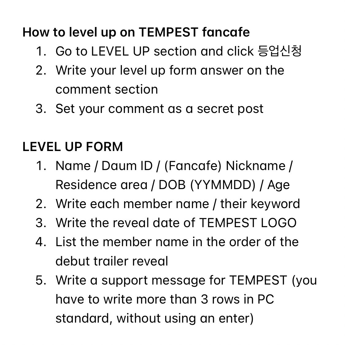 seoptpst's tweet photo. how to level up on TEMPEST fancafe &amp; english translation of the level up form! hope this helps and feel free to ask me on dm :)

#TEMPEST #템페스트 https://t.co/dy1iUlbVNO