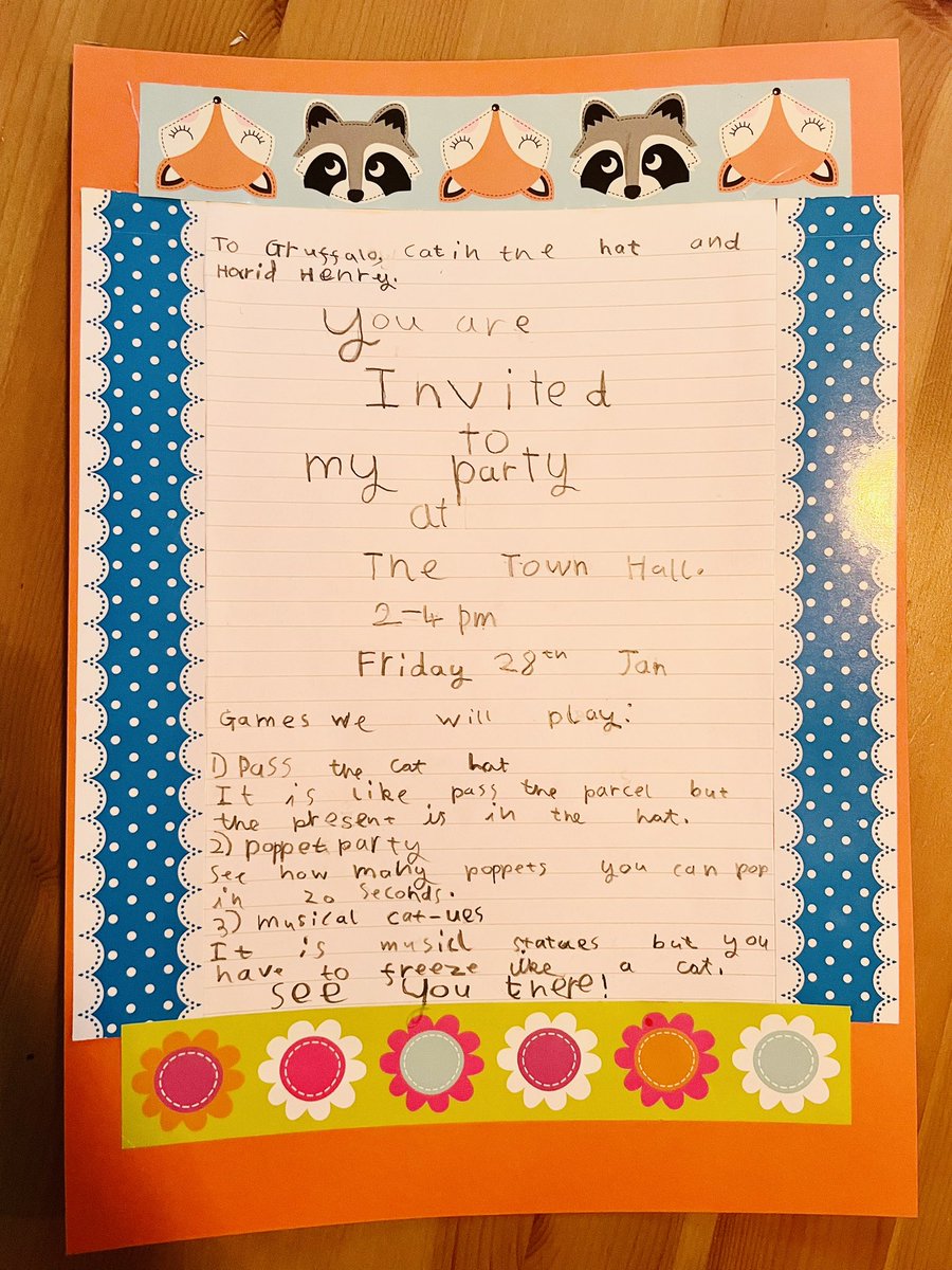 NikkiEHDawson's tweet photo. Harry’s entry into the Children’s Writing Competition 2022! Thanks @Gade_WPA @Ver_WPA @WatersidePA Harry has chosen his favorite book characters as his guests & made up his own party games! #onehellofaparty https://t.co/cqSZjpakJv