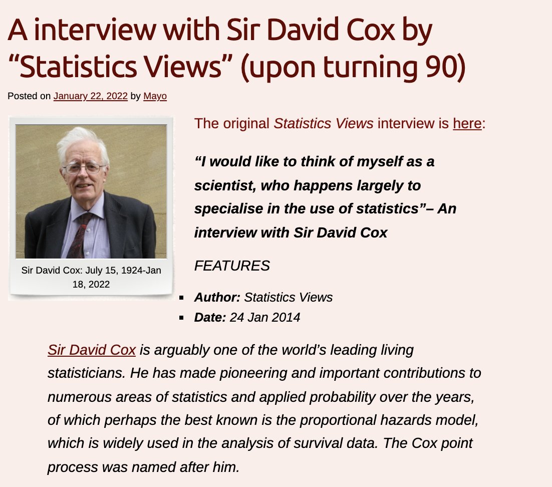 Maarten van Smeden (@maartenvsmeden) on Twitter photo Really nice, humbling interview with the late David Cox by <a href="/learnfromerror/">♕Deborah Mayo♕</a>
errorstatistics.com/2022/01/22/a-i… Really nice, humbling interview with the late David Cox by <a href="/learnfromerror/">♕Deborah Mayo♕</a>
errorstatistics.com/2022/01/22/a-i…
