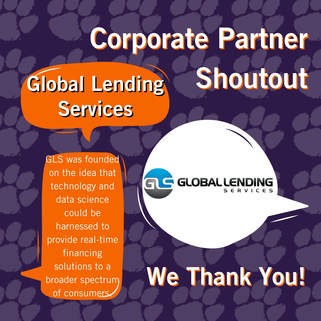 Corporate Partner Shoutout - Global Lending Services

GLS was founded on the idea that technology and data science could be harnessed to provide real-time financing solutions to a broader spectrum of consumers.

Thank you for your support

 #cucareercenter #hirecutiger #clemson