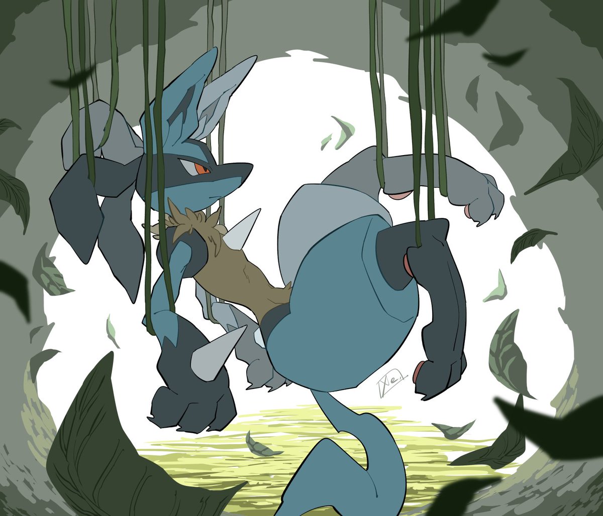 lucario spikes pokemon (creature) solo leaf falling leaves yellow fur furry  illustration images