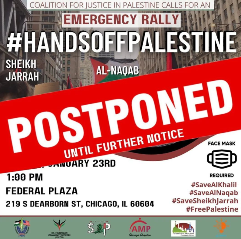 POSTPONED: today's #HandsOffPalestine has been postponed due to unsafe weather conditions. 

If you still want to take action this week, please check out @AMPChicago's Facebook page for a Twitter storm on Tuesday! #SaveSheikhJarrah #savealkhalil #savealnaqab