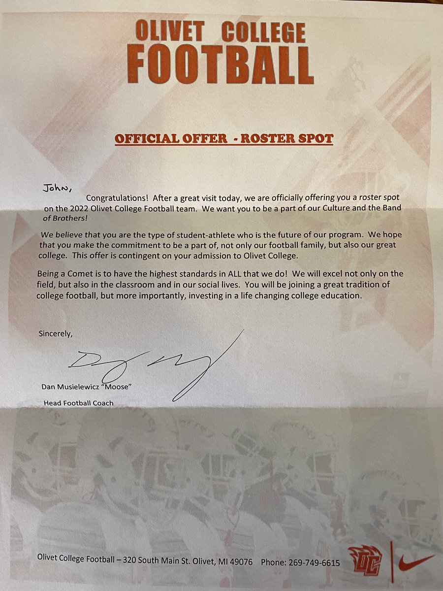 Thank you @OlivetCollegeFB For a great visit and for the official offer! <a href="/Coach_DGilbert/">DeShawn Gilbert</a> <a href="/CoachMoose2/">Dan Musielewicz</a> <a href="/TommyWyman1/">Tom Wyman</a>