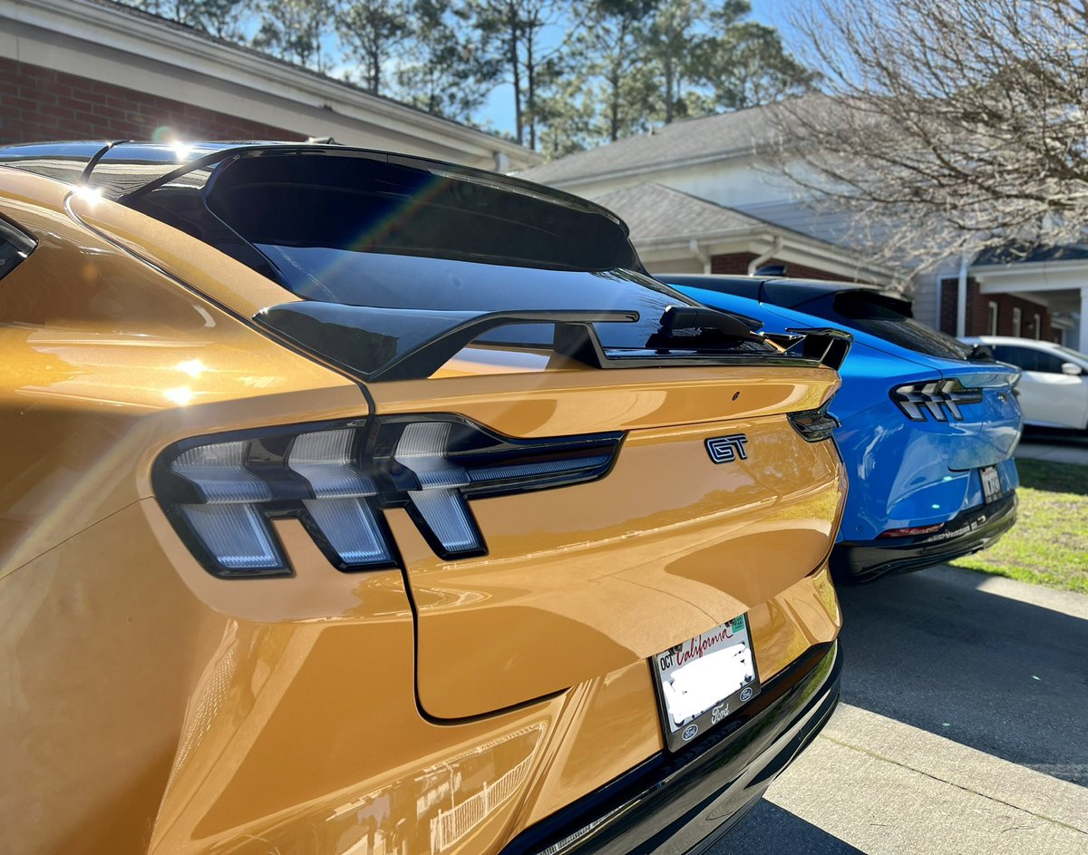 LyftGyft's tweet photo. It’s the little things! Thanks @winespectator73 for hooking me up with this Spoiler.  It added a nice touch to the GT. #MustangMachE #mustang #Ford #ElectricVehicles #performance https://t.co/rYWR5fxZVm