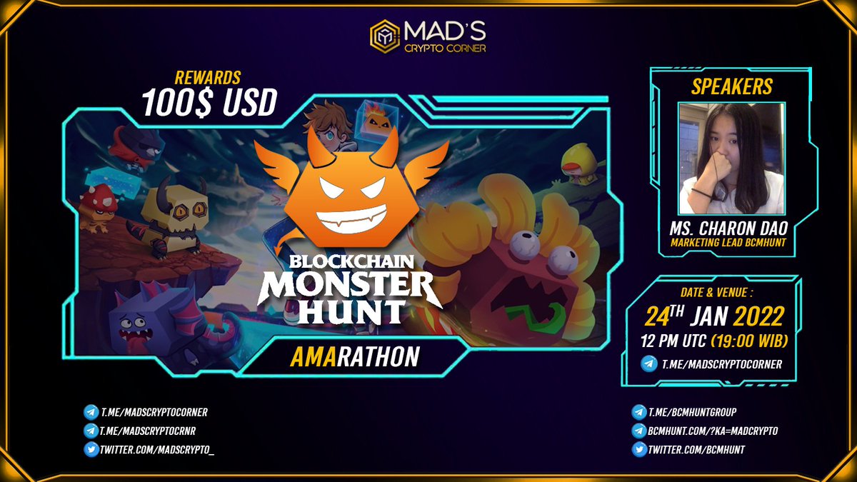 🌟 <a href="/MadsCrypto_/">Mad's 🔶</a> #AMArathon with @bcmhunt 🌟

🏛: t.me/MadsCryptoCorn…
💰Pool: $100 of $BUSD
⏰: 24/01/2022 12PM UTC | 19:00 wib

🛑#AMA Rules: 
🔸Follow us &amp; @bcmhunt
🔸Join Telegrams
🔸Like &amp; RT
🔸Comment questions &amp; Tag 3 friends