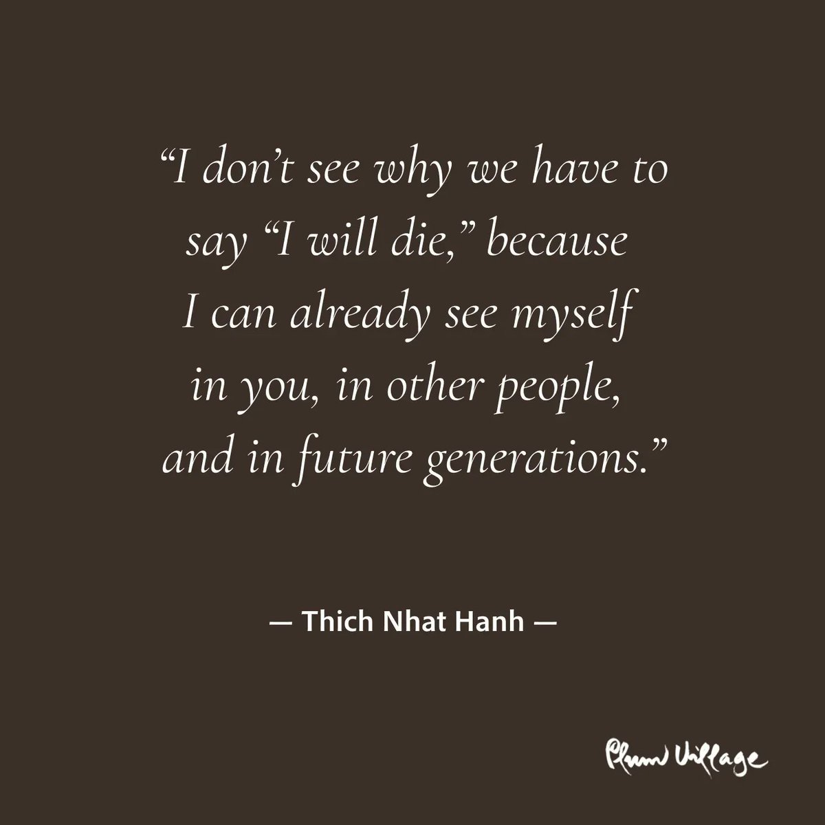 "I don’t see why we have to say 'I will die,' because I can already see myself in you, in other people, and in future generations."

From "I Am Not in Here" by Thich Nhat Hanh: plumvillage.org/book-excerpts/…