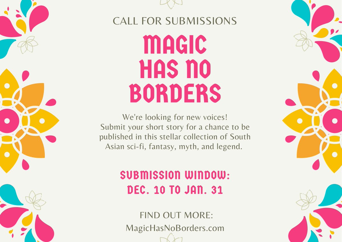 #Desiwriters! 1 week left to sub your #shortstory for a chance to be included in the #magichasnoborders #yaanthology. Edited by @sam_aye_ahm and I w/ @megilnit @harperteen 2023, featuring stories from your fave #southasian #sff authors--and you? 

Details: magichasnoborders.com