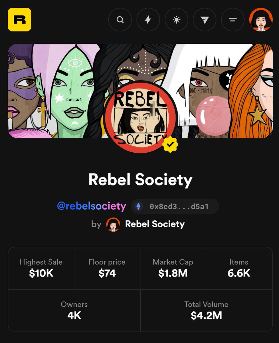 RebelSocietyBTC's tweet image. Oh hello you @rarible thanks for verifiying us!✅
Now we just need the lovely people at @opensea to verify us too!

#rebelfollowrebel #RebelSociety #WomenSupportingWomen #womenart #NFTs #NFTCommunity