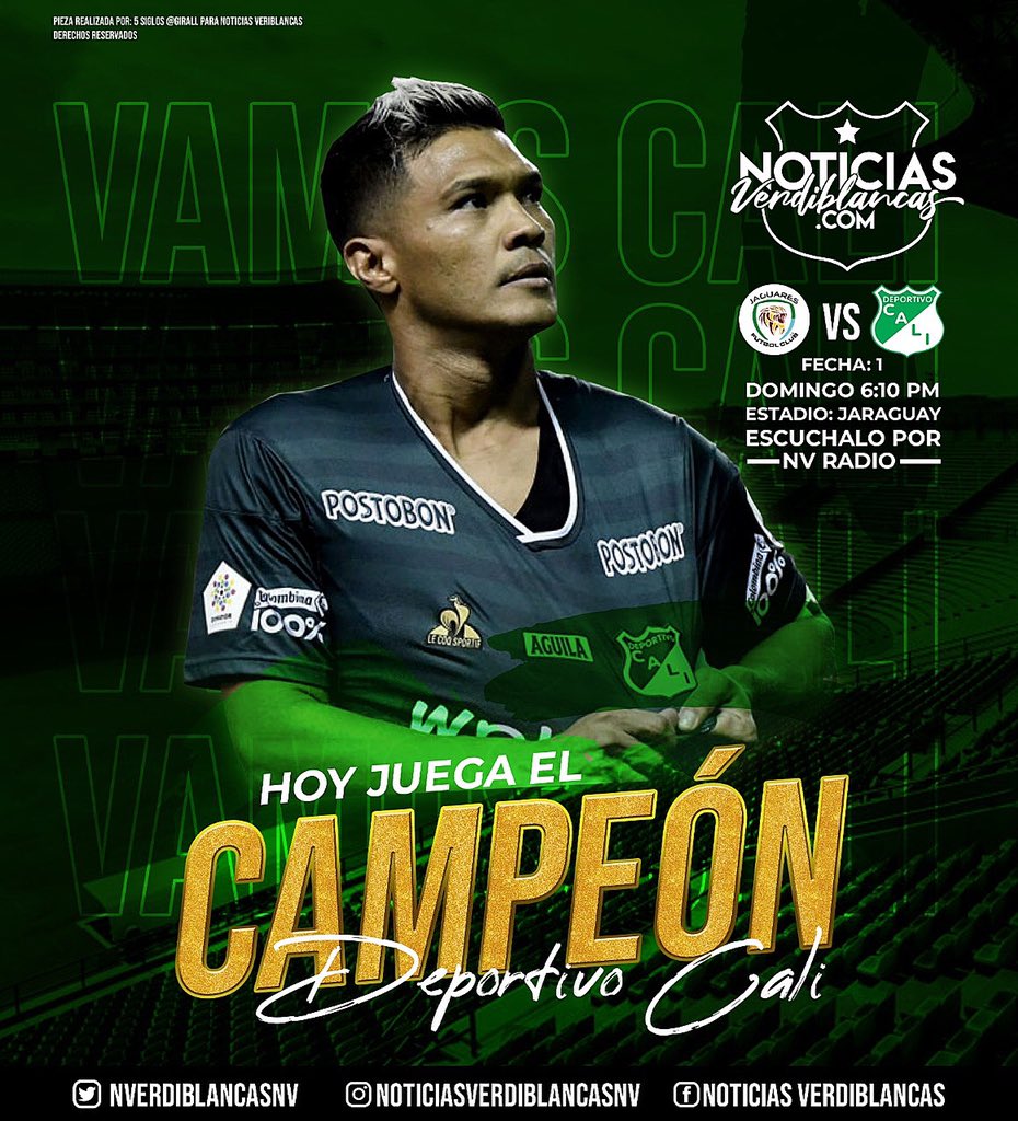 NVerdiblancasNV's tweet photo. Arranca un nuevo semestre y junto a él una nueva ilusión: LA ONCE. ¡Vamos por más, campeón! 💪💚
🆚 Jaguares
⌚ 6:10 p.m.
🏟️ Jaraguay.
🏆 #LigaBetplayDimayor Fecha 1.
📻 #NVRadio a través de nuestro FaceBook Live y YouTube.
#UnidosPorElCali https://t.co/H8nQh5D6Lw