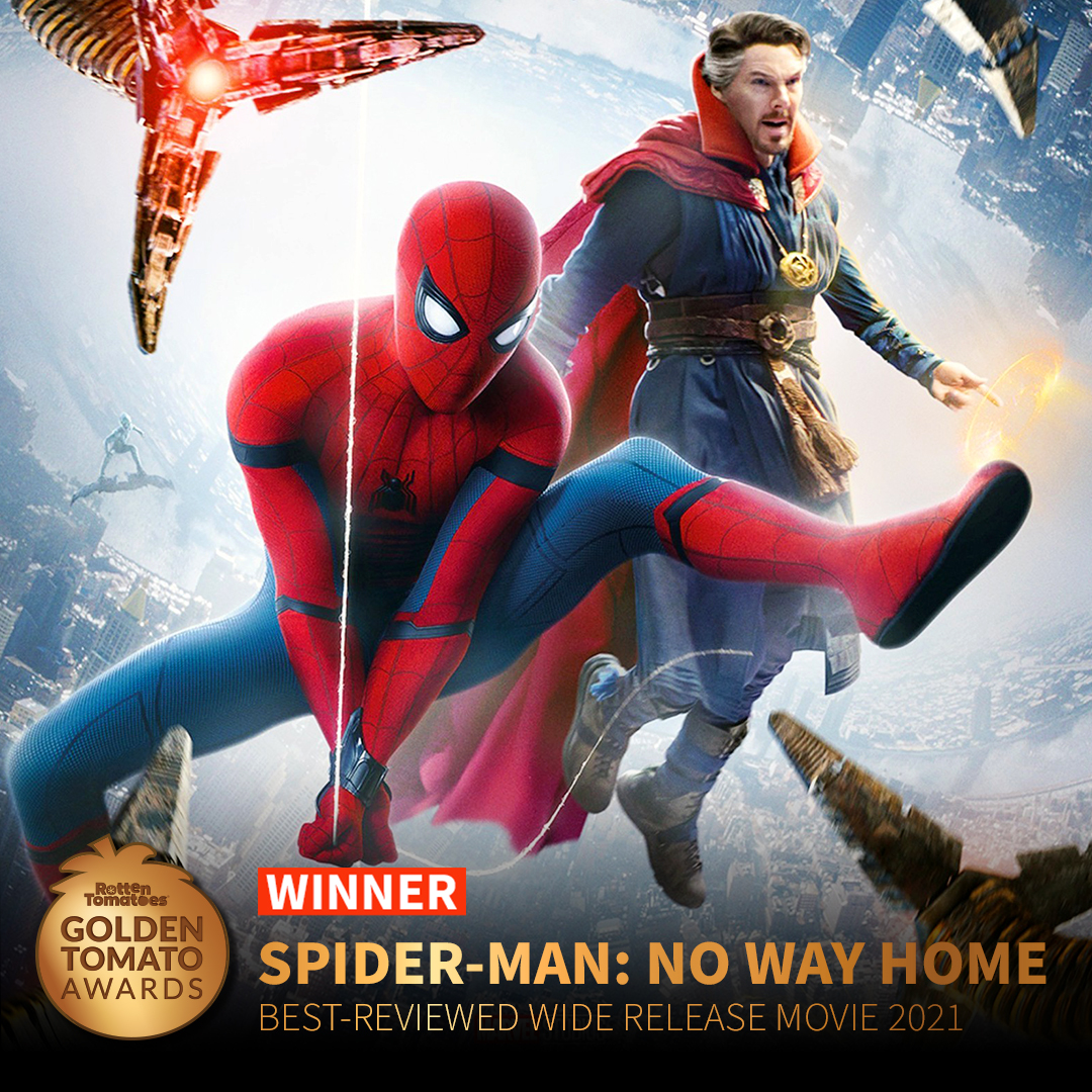 #SpiderManNoWayHome wins the #GoldenTomato Award for Best-Reviewed Wide Release Movie of 2021. editorial.rottentomatoes.com/guide/best-wid…