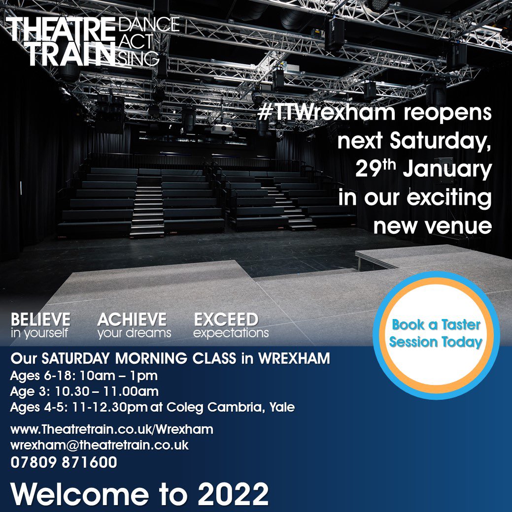 Our Wrexham School finally reopens Saturday, 29th January. 
We’re over the moon to be in the fantastic new facilities at Coleg Cambria, Yale. 
Get in touch to book a FREE TRIAL SESSION and be part of our performing arts fun. 
Our classes have been in Wrexham since 2008 #TTWrexham