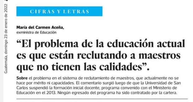 ttobars's tweet photo. Poca cobertura y calidad del Programa inicial docente para bachilleres en educación. Ningún egresado de @SoyUSAC contratado por @MineducGT desde 2013. Exministra de Educación Carmen Aceña @LineasFrescas puntualiza en @prensa_libre sobre problemática educativa. @almdepalomo https://t.co/vy5q5rZDM6