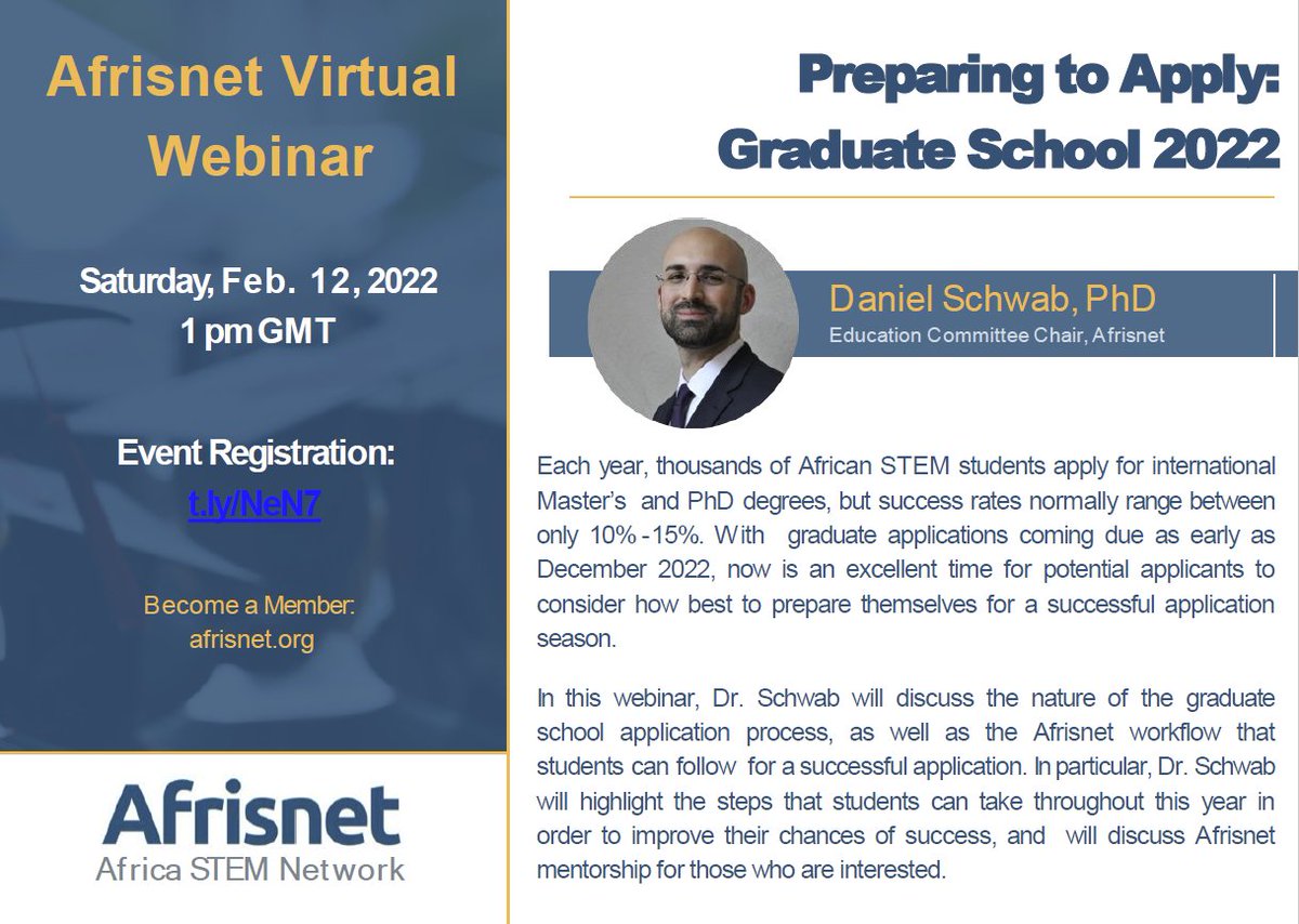 Are you an African student in STEM planning to apply for graduate school in the US, Canada, or Europe? If so, do not miss the useful tips from Dr. Schwab, Chair of Education at Afrisnet. Register for the free webinar: t.ly/NeN7