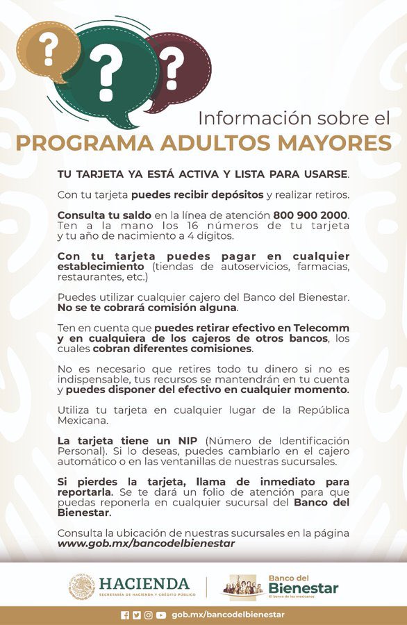 ManuelHuertaLdG's tweet photo. #PasaLaVoz 📢

Si cuentas con tu tarjeta de Bienestar de #PensiónAdultoMayor 💳, del Banco del Bienestar, aquí te dejamos esta información que te será de mucha utilidad.

Somos #ElBancoDeLosMexicanos 🇲🇽 https://t.co/YgxuplnppR