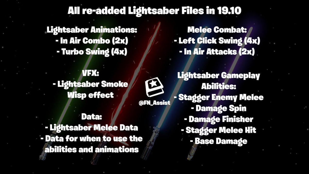 FN_Assist's tweet photo. A lot of Star Wars Lightsaber files were re-added in #Fortnite v19.10.

Either Epic are planning on bringing the Lightsabers back to the game in the near future (possibly another collab) OR they are working on a new melee weapon and are basing it off the animations and abilities. https://t.co/LYjUVnE24H