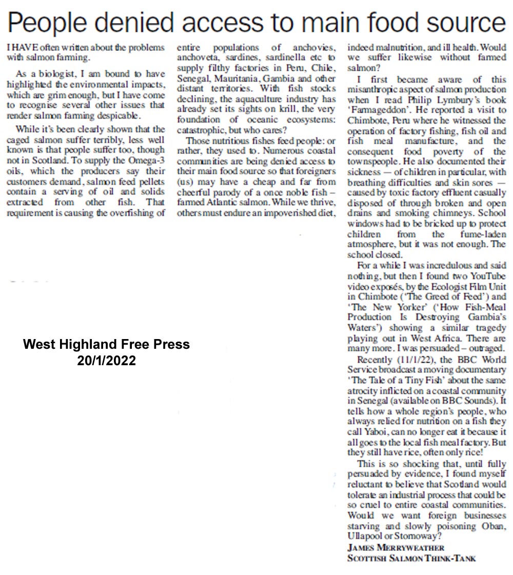 To understand why #salmon farming is an inherently unsustainable industry, read this <a href="/WHFP1/">WHFP</a>.

Feed for these farms is depleting stocks of krill, anchovies, and sardines the world over, undermining local fisheries in Latin America and Africa. 
#NoMoreToxicFishFarms